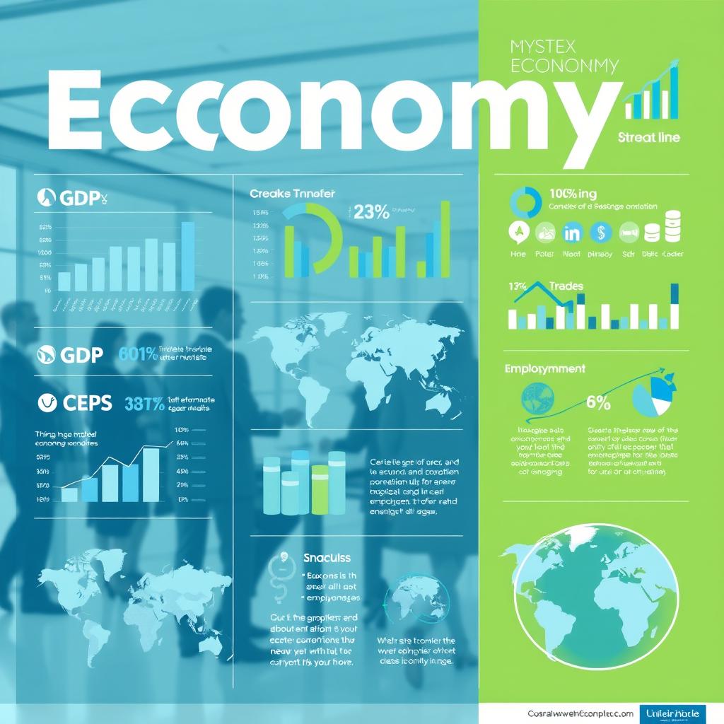 A detailed and vibrant infographic about economy, showcasing various aspects including graphs, charts, and icons representing finance, trade, and market trends