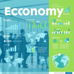 A detailed and vibrant infographic about economy, showcasing various aspects including graphs, charts, and icons representing finance, trade, and market trends