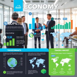 A detailed and vibrant infographic about economy, showcasing various aspects including graphs, charts, and icons representing finance, trade, and market trends