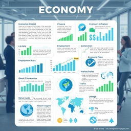 A detailed and vibrant infographic about economy, showcasing various aspects including graphs, charts, and icons representing finance, trade, and market trends