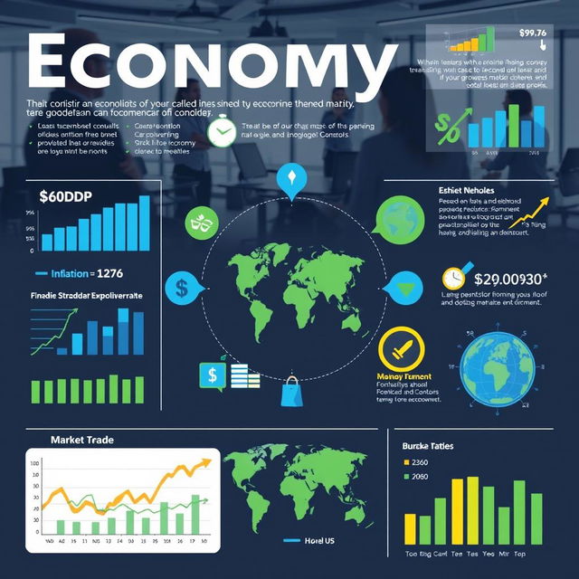 A detailed and vibrant infographic about economy, showcasing various aspects including graphs, charts, and icons representing finance, trade, and market trends