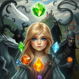A young blonde girl with blue eyes, surrounded by five magical elements: a white feather, a water gem, a fire gem, a translucent gem, and an earth gem