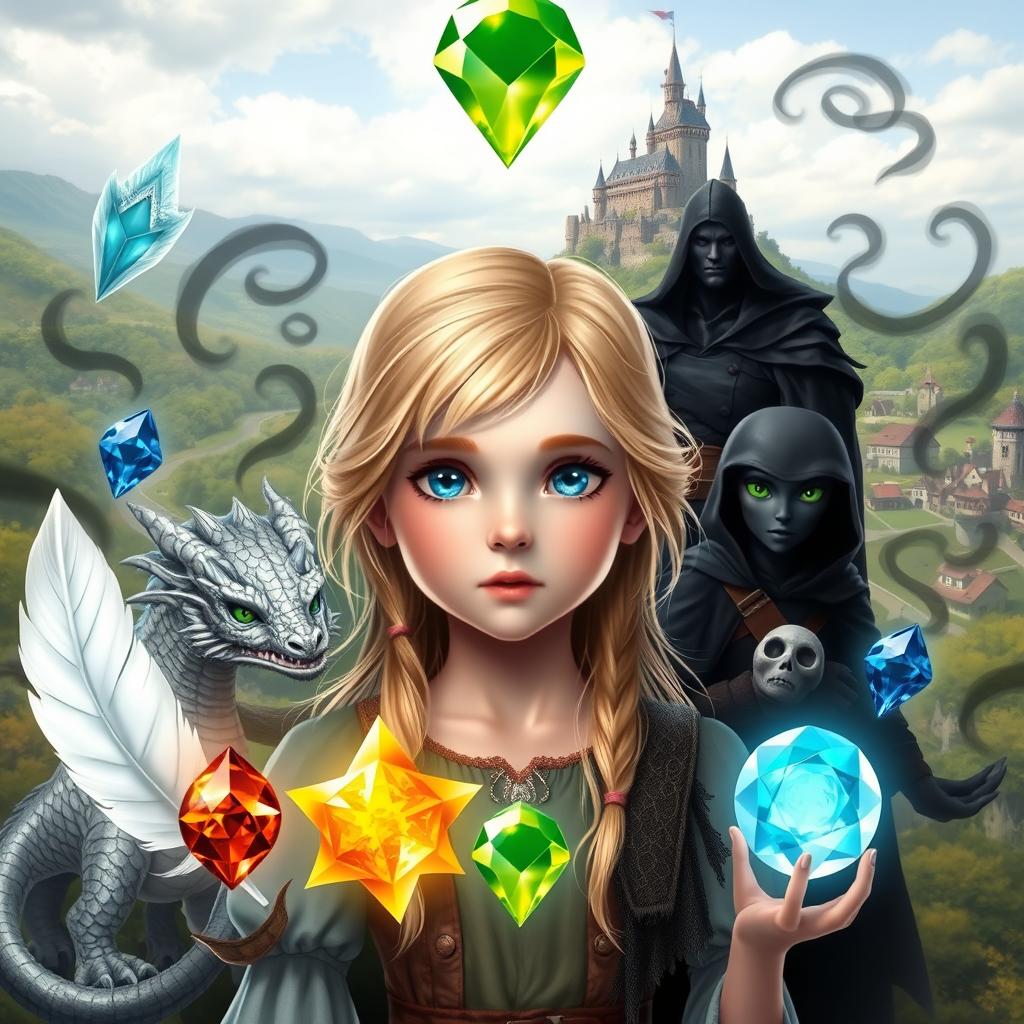 A young blonde girl with blue eyes, surrounded by five magical elements: a white feather, a water gem, a fire gem, a translucent gem, and an earth gem