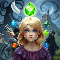 A young blonde girl with blue eyes, surrounded by five magical elements: a white feather, a water gem, a fire gem, a translucent gem, and an earth gem