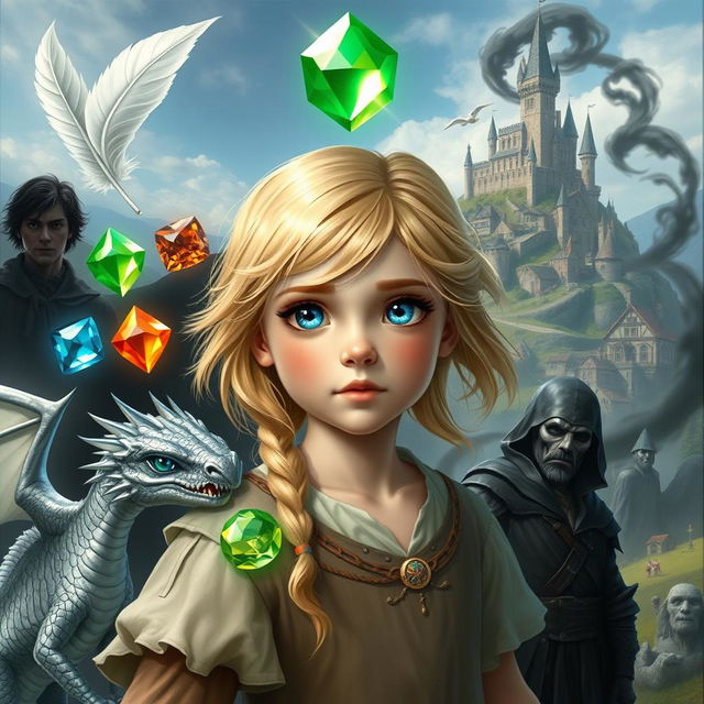 A young blonde girl with blue eyes, surrounded by five magical elements: a white feather, a water gem, a fire gem, a translucent gem, and an earth gem