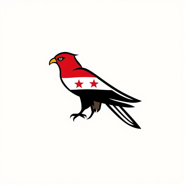 A simple and modern logo design featuring a stylized falcon, incorporating the colors of the Syrian Revolution flag: red, black, and white