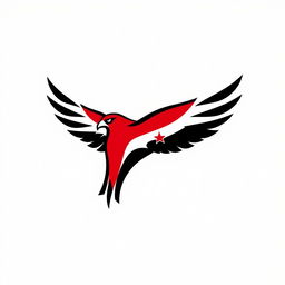 A simple and modern logo design featuring a stylized falcon, incorporating the colors of the Syrian Revolution flag: red, black, and white