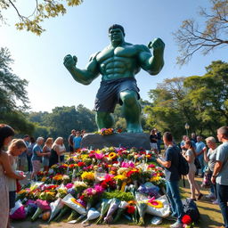 A majestic statue of the Hulk depicted in a heroic pose, located in a peaceful park setting
