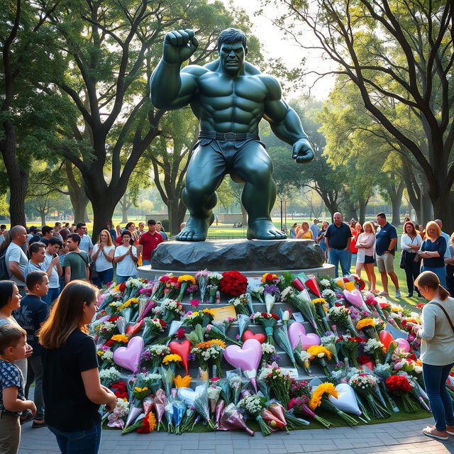 A majestic statue of the Hulk depicted in a heroic pose, located in a peaceful park setting