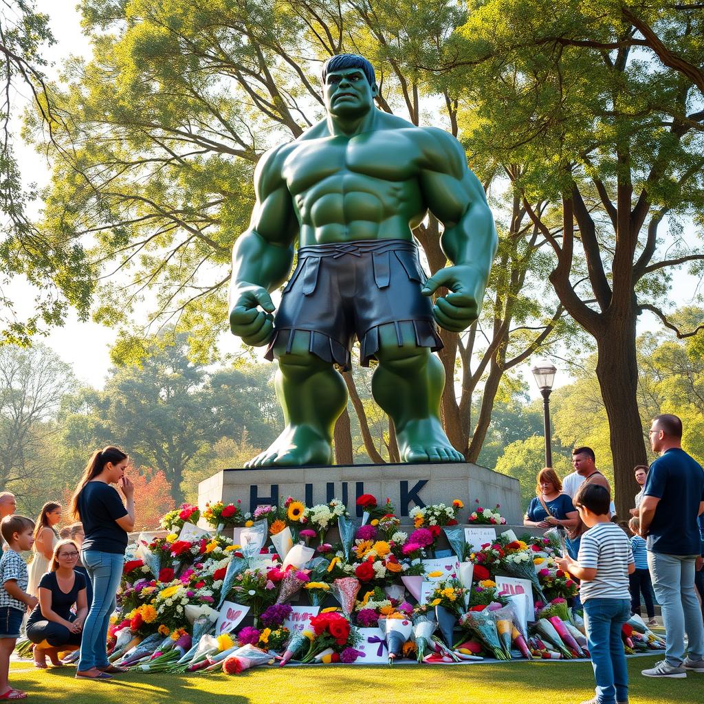 A majestic statue of the Hulk depicted in a heroic pose, located in a peaceful park setting