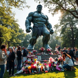 A majestic statue of the Hulk depicted in a heroic pose, located in a peaceful park setting