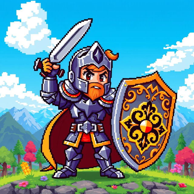 A vibrant pixel art character, designed in a retro 8-bit style, featuring a heroic knight in shining armor, detailed patterns on the armor, with a dazzling sword raised, surrounded by colorful pixelated landscapes