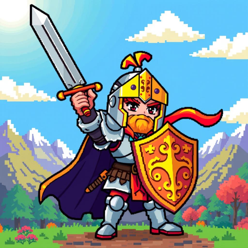 A vibrant pixel art character, designed in a retro 8-bit style, featuring a heroic knight in shining armor, detailed patterns on the armor, with a dazzling sword raised, surrounded by colorful pixelated landscapes