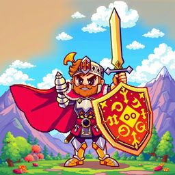 A vibrant pixel art character, designed in a retro 8-bit style, featuring a heroic knight in shining armor, detailed patterns on the armor, with a dazzling sword raised, surrounded by colorful pixelated landscapes