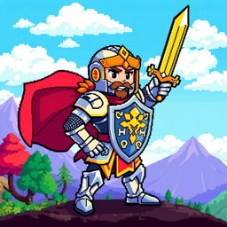 A vibrant pixel art character, designed in a retro 8-bit style, featuring a heroic knight in shining armor, detailed patterns on the armor, with a dazzling sword raised, surrounded by colorful pixelated landscapes