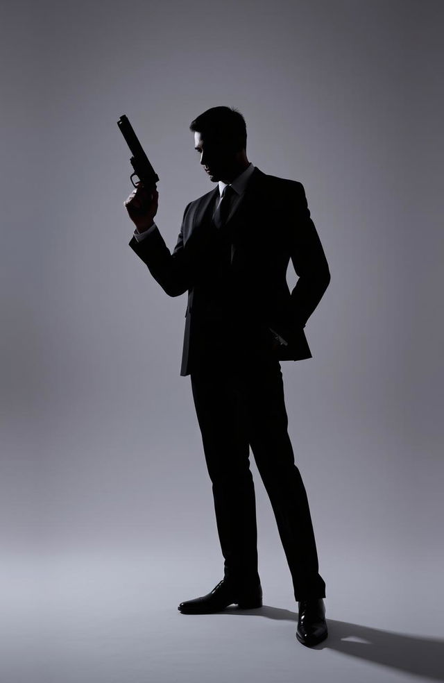 A striking silhouette of a man in a sleek suit, dramatically posed with a gun, exuding an intimidating aura