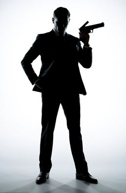 A striking silhouette of a man in a sleek suit, dramatically posed with a gun, exuding an intimidating aura