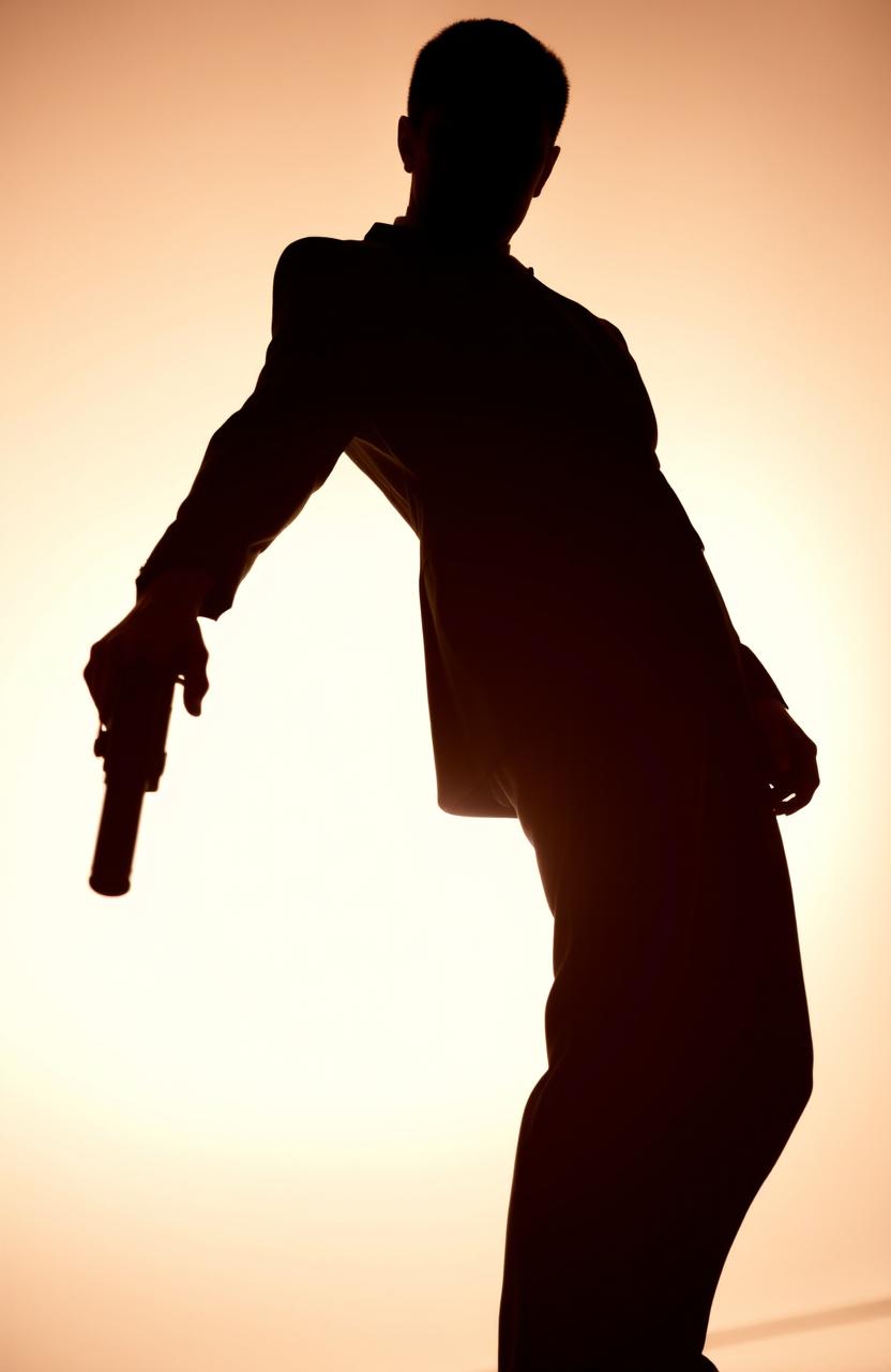 A striking silhouette of a man in a sleek suit, dramatically posed with a gun, exuding an intimidating aura