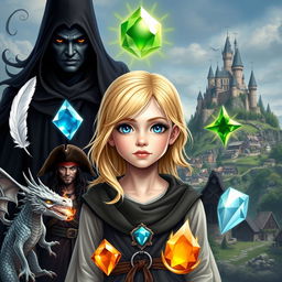 A young blonde girl with blue eyes, surrounded by five magical elements: a white feather, a water gem, a fire gem, a translucent gem, and an earth gem