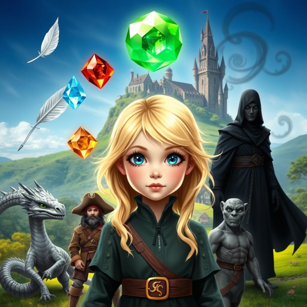 A young blonde girl with blue eyes, surrounded by five magical elements: a white feather, a water gem, a fire gem, a translucent gem, and an earth gem