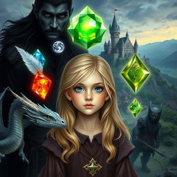 A young blonde girl with blue eyes, surrounded by five magical elements: a white feather, a water gem, a fire gem, a translucent gem, and an earth gem