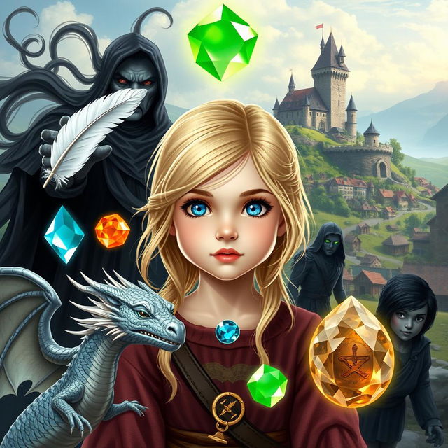 A young blonde girl with blue eyes, surrounded by five magical elements: a white feather, a water gem, a fire gem, a translucent gem, and an earth gem