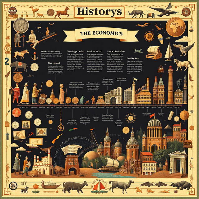 An artistic representation of the history of economics, featuring a timeline visual without any text