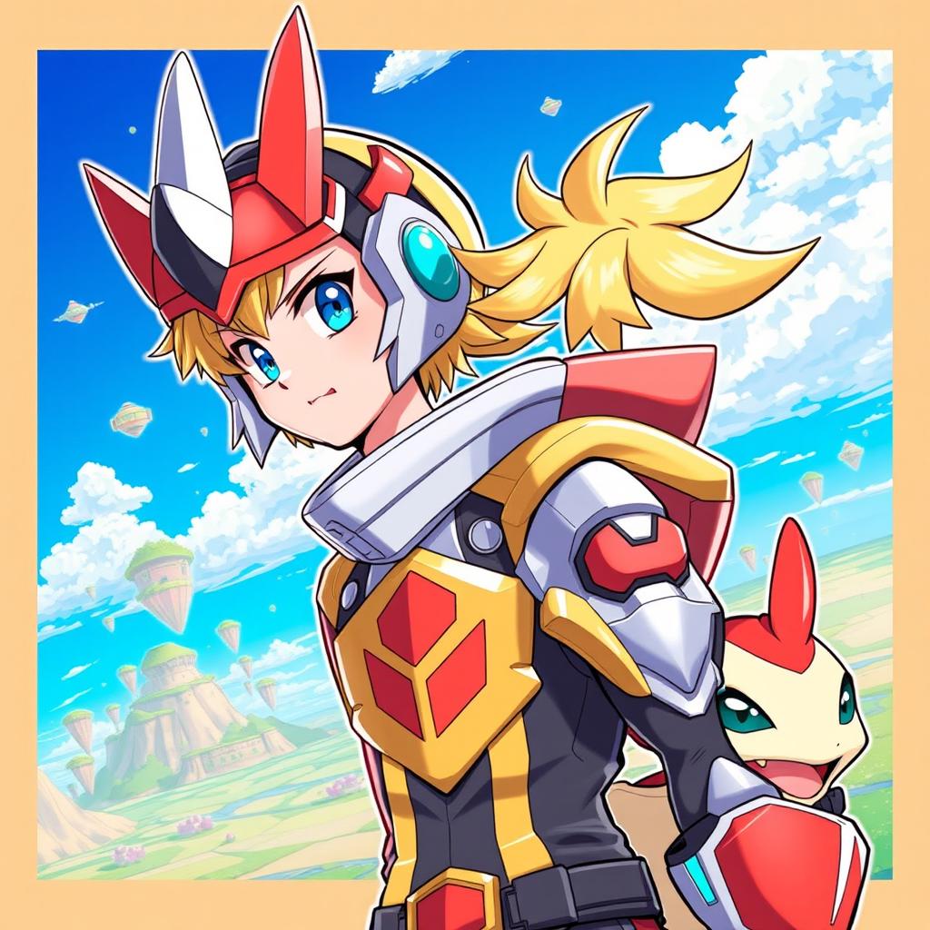 A dynamic and colorful illustration of Takeru Takaishi as a Digimon character, showcasing his signature outfit with a stylish twist resembling a Digimon warrior