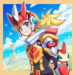 A dynamic and colorful illustration of Takeru Takaishi as a Digimon character, showcasing his signature outfit with a stylish twist resembling a Digimon warrior