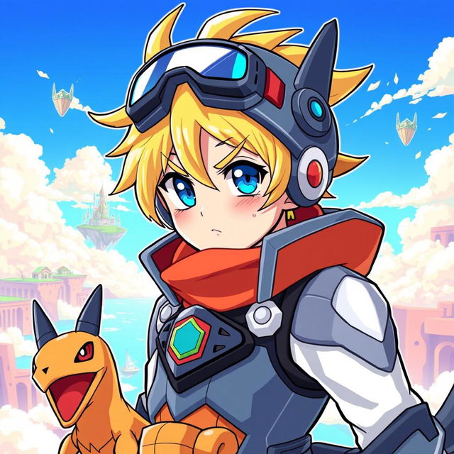 A dynamic and colorful illustration of Takeru Takaishi as a Digimon character, showcasing his signature outfit with a stylish twist resembling a Digimon warrior