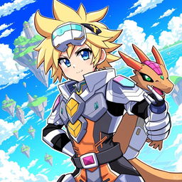 A dynamic and colorful illustration of Takeru Takaishi as a Digimon character, showcasing his signature outfit with a stylish twist resembling a Digimon warrior