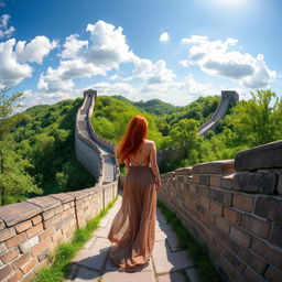 A panoramic view of the Great Wall of Koto Gadang, featuring an elegant and stunning Irish woman walking gracefully along the pathway