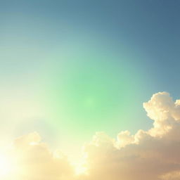A serene, cleared sky with soft, fluffy clouds, where gentle rays of sunlight break through, illuminating the scene below