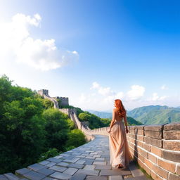 A panoramic view of the Great Wall of Koto Gadang, featuring an elegant and stunning Irish woman walking gracefully along the pathway