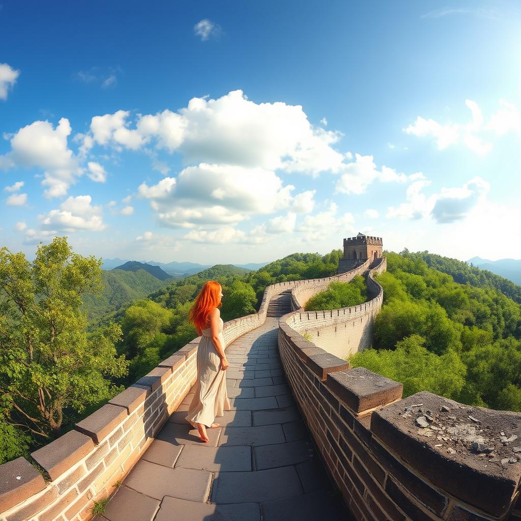 A panoramic view of the Great Wall of Koto Gadang, featuring an elegant and stunning Irish woman walking gracefully along the pathway