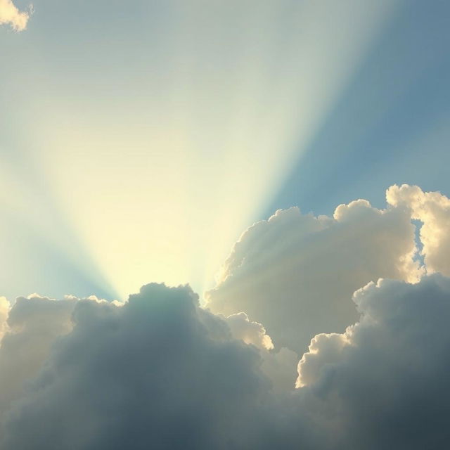 A serene, cleared sky with soft, fluffy clouds, where gentle rays of sunlight break through, illuminating the scene below