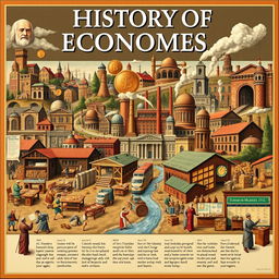 A visual representation of the history of economics, showcasing key milestones and concepts through detailed illustrations