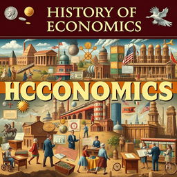 A visual representation of the history of economics, showcasing key milestones and concepts through detailed illustrations