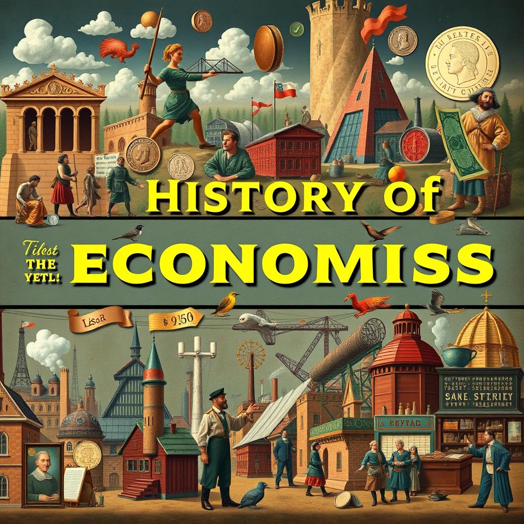 A visual representation of the history of economics, showcasing key milestones and concepts through detailed illustrations