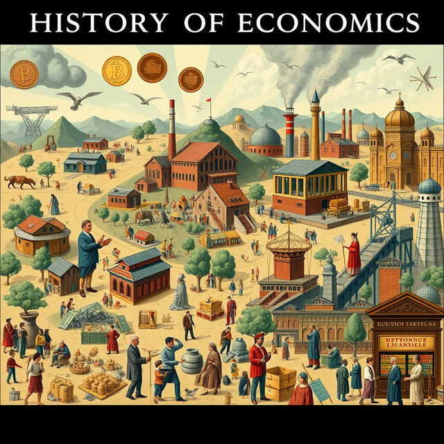 A visual representation of the history of economics, showcasing key milestones and concepts through detailed illustrations
