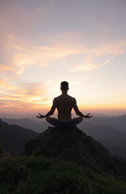 A serene and ethereal scene representing a spiritual awakening, featuring a fit individual meditating atop a mountain peak at sunrise