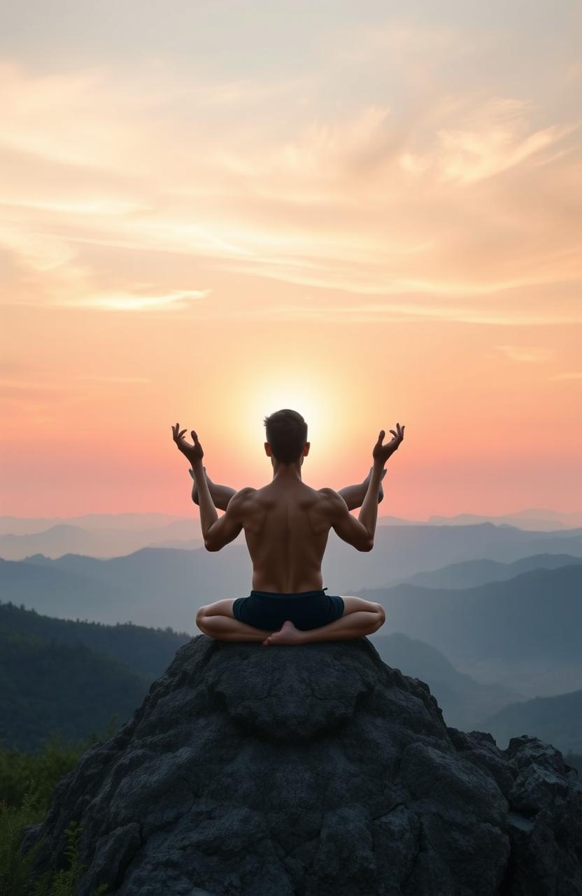 A serene and ethereal scene representing a spiritual awakening, featuring a fit individual meditating atop a mountain peak at sunrise