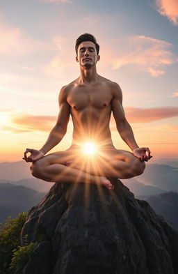 A serene and ethereal scene representing a spiritual awakening, featuring a fit individual meditating atop a mountain peak at sunrise