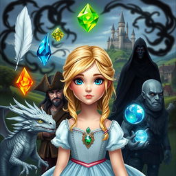 A young princess with blonde hair and blue eyes, surrounded by five magical elements: a white feather, a water gem, a fire gem, a translucent gem, and an earth gem