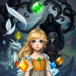 A young princess with blonde hair and blue eyes, surrounded by five magical elements: a white feather, a water gem, a fire gem, a translucent gem, and an earth gem
