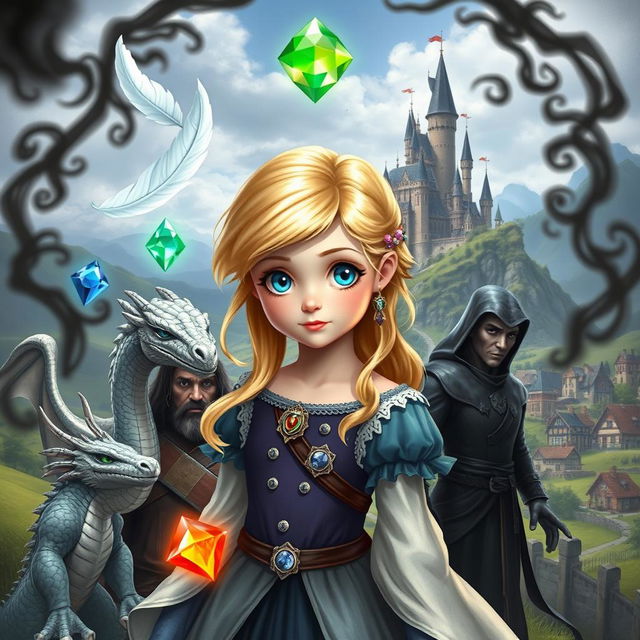 A young princess with blonde hair and blue eyes, surrounded by five magical elements: a white feather, a water gem, a fire gem, a translucent gem, and an earth gem