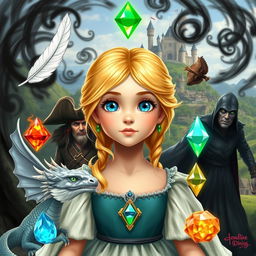 A young princess with blonde hair and blue eyes, surrounded by five magical elements: a white feather, a water gem, a fire gem, a translucent gem, and an earth gem