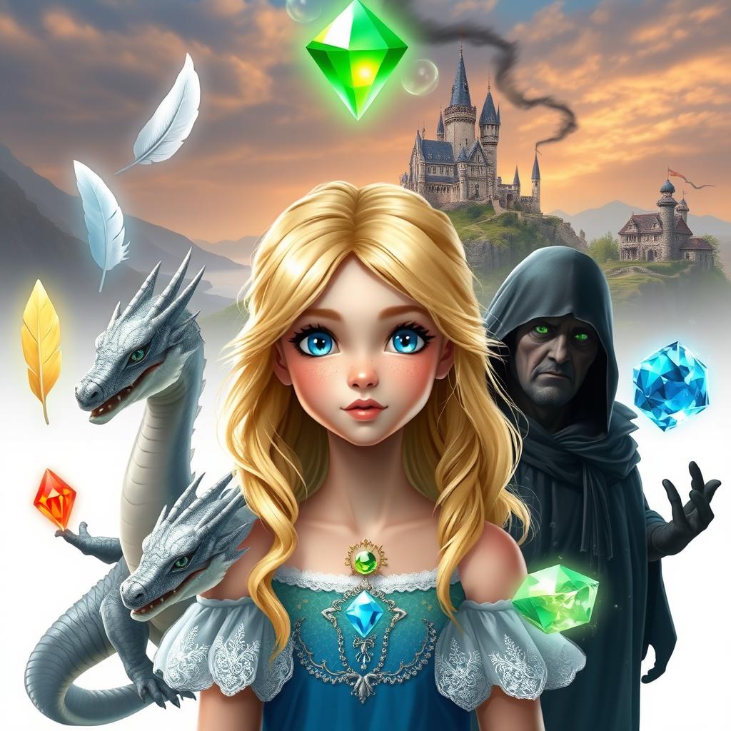 A young princess with blonde hair and blue eyes, surrounded by five magical elements: a white feather, a water gem, a fire gem, a translucent gem, and an earth gem