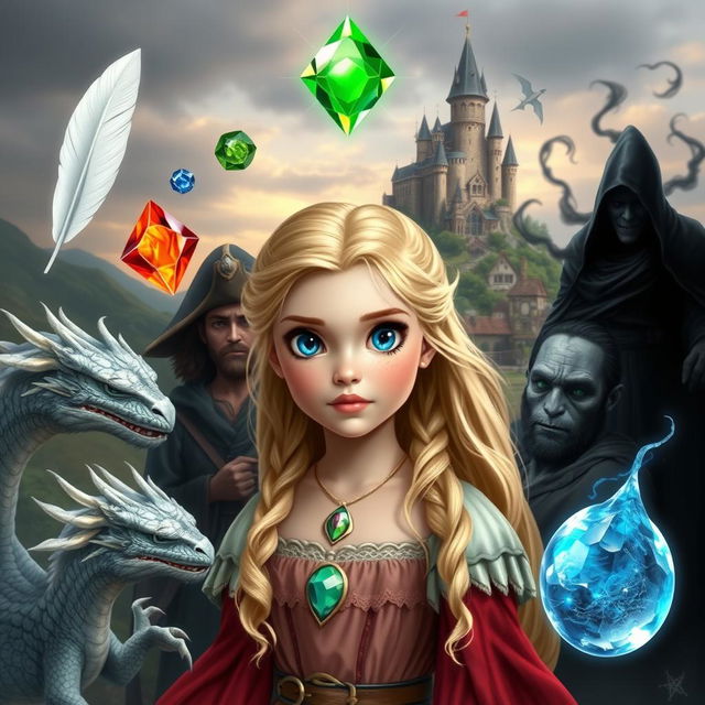 A young princess with blonde hair and blue eyes, surrounded by five magical elements: a white feather, a water gem, a fire gem, a translucent gem, and an earth gem