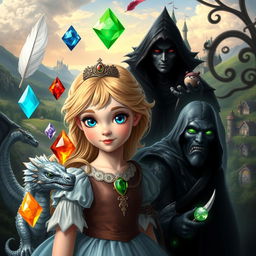 A young princess with blonde hair and blue eyes, surrounded by five magical elements: a white feather, a water gem, a fire gem, a translucent gem, and an earth gem